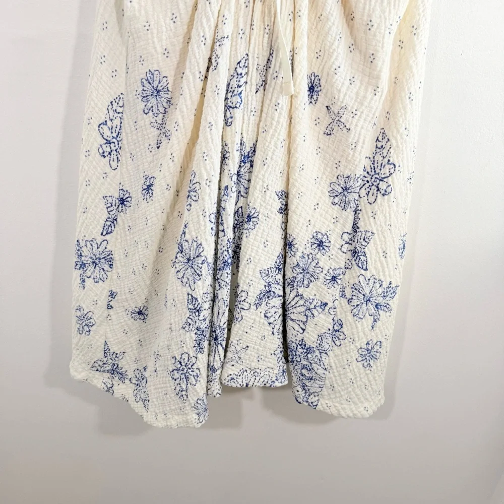 Free People Pinwheel Cream Blue Floral Print Open Back Gauze Mini Dress Medium